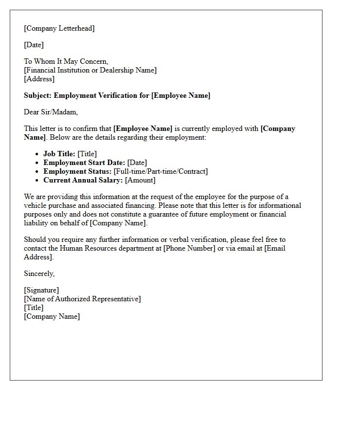 Corporate Employment Verification Letter for Vehicle Purchase