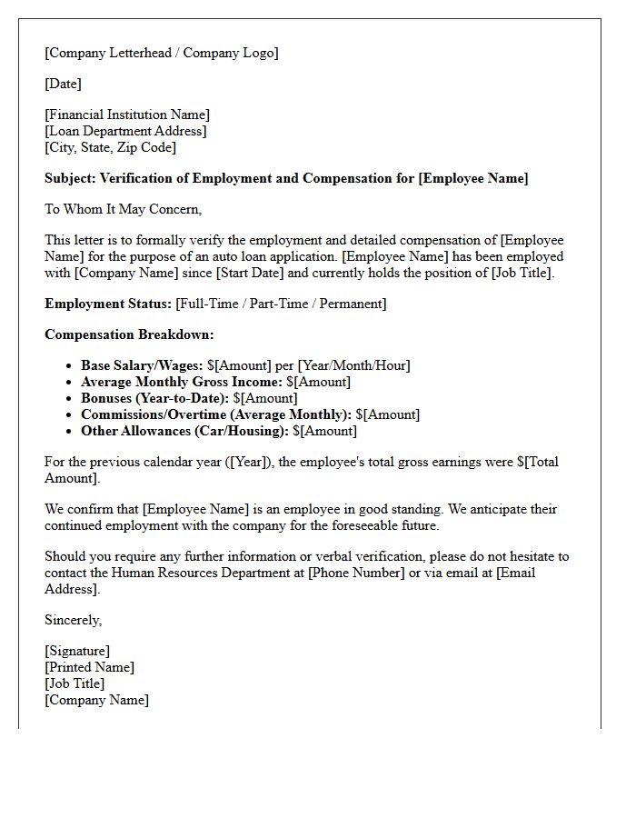 Detailed Employee Compensation Letter for Auto Loan Application