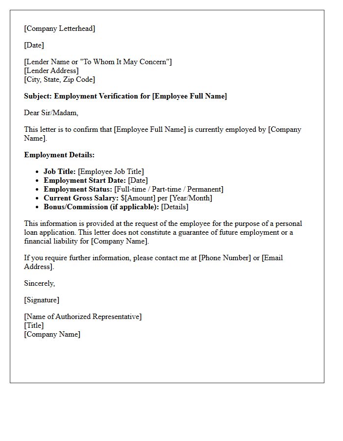 Standard Employment Verification Letter for Personal Loan