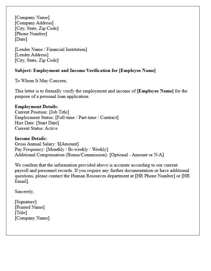 Official Human Resources Income Verification Letter for Personal Loan