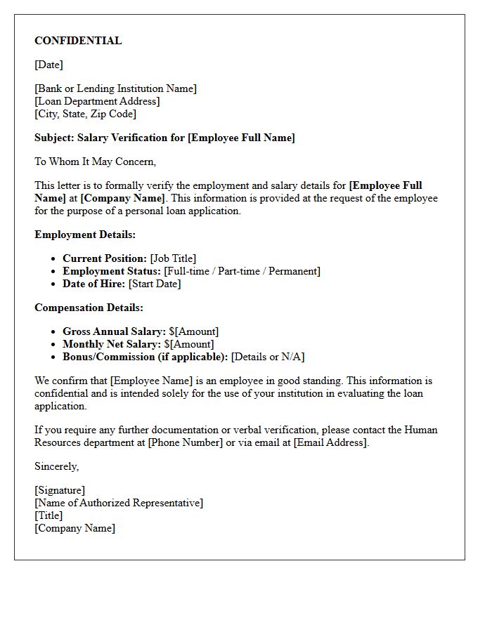 Confidential Employee Salary Verification Letter for Personal Loan