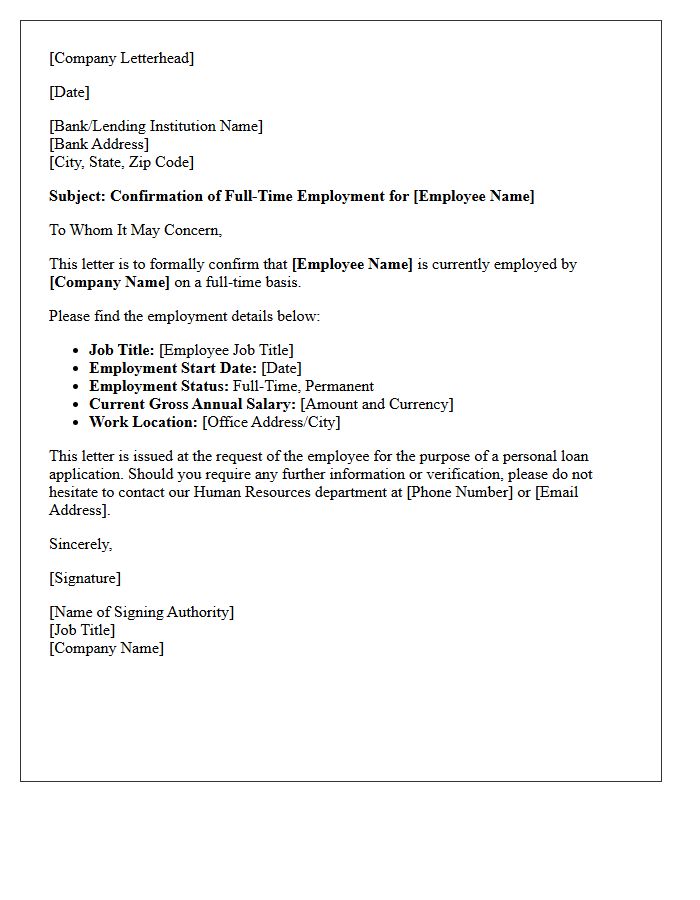 Full-Time Employment Confirmation Letter for Personal Loan Application
