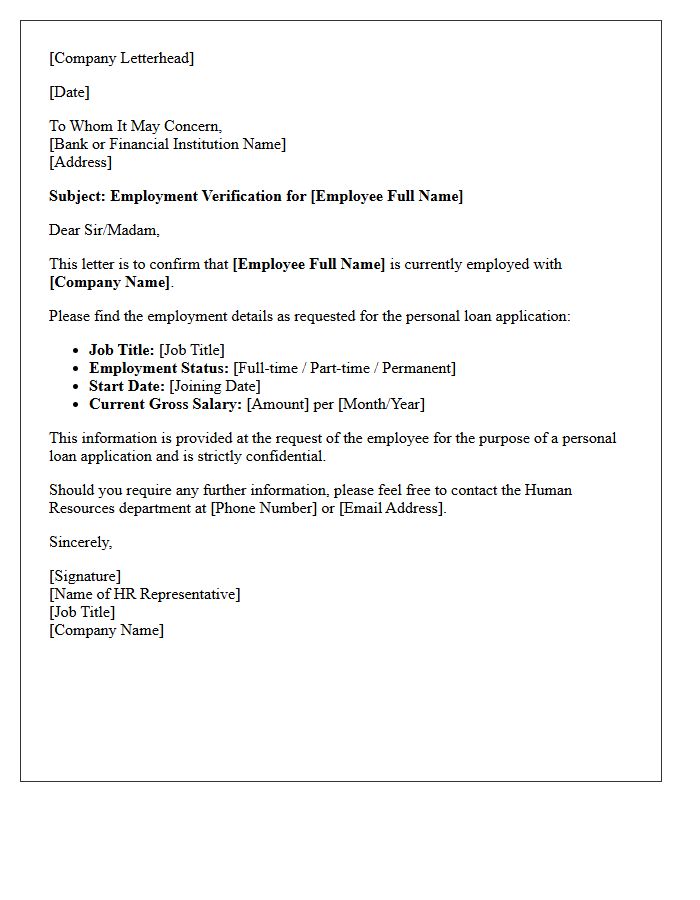 Basic HR Employment Verification Letter for Personal Loan