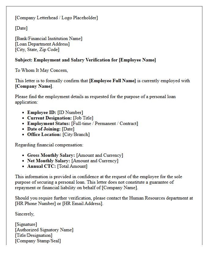 Corporate Human Resources Verification Letter for Unsecured Personal Loan