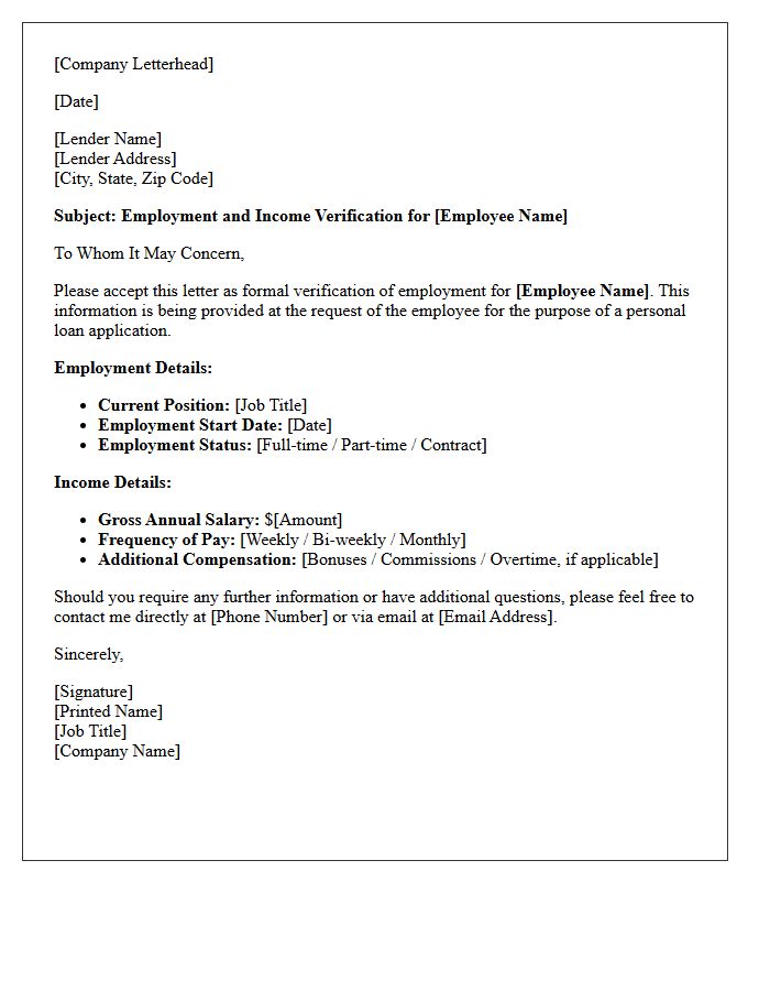 Standardized Employer Proof of Income Letter for Personal Loan