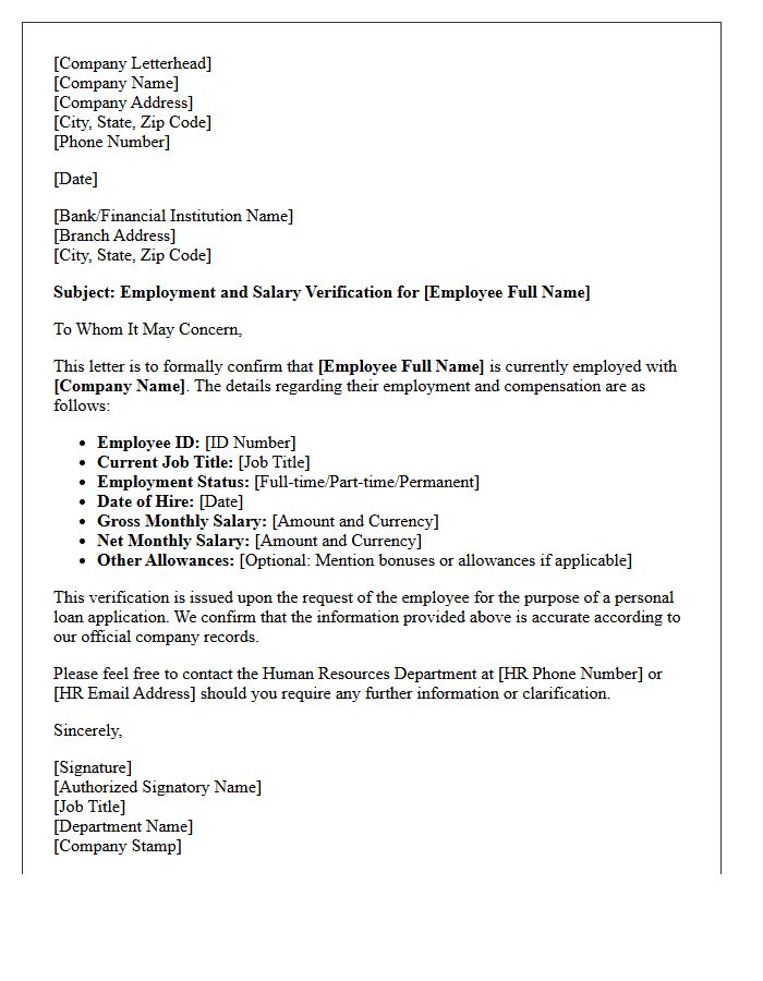 Authorized HR Service and Salary Verification Letter for Personal Loan