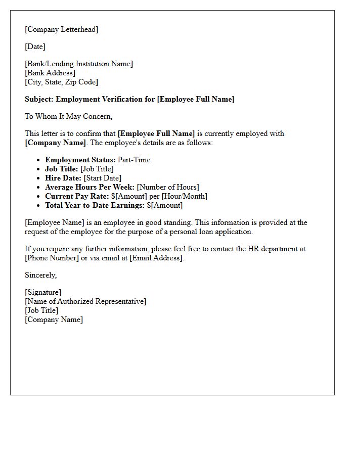 Part-Time Employee Verification Letter for Personal Loan