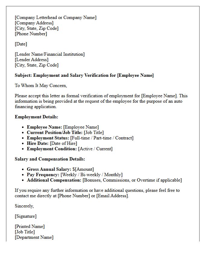 Auto Financing Employment Verification Letter With Salary Details