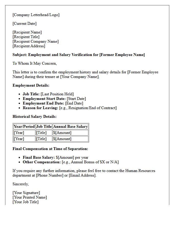 Former Employee Verification Letter With Historical Salary Details