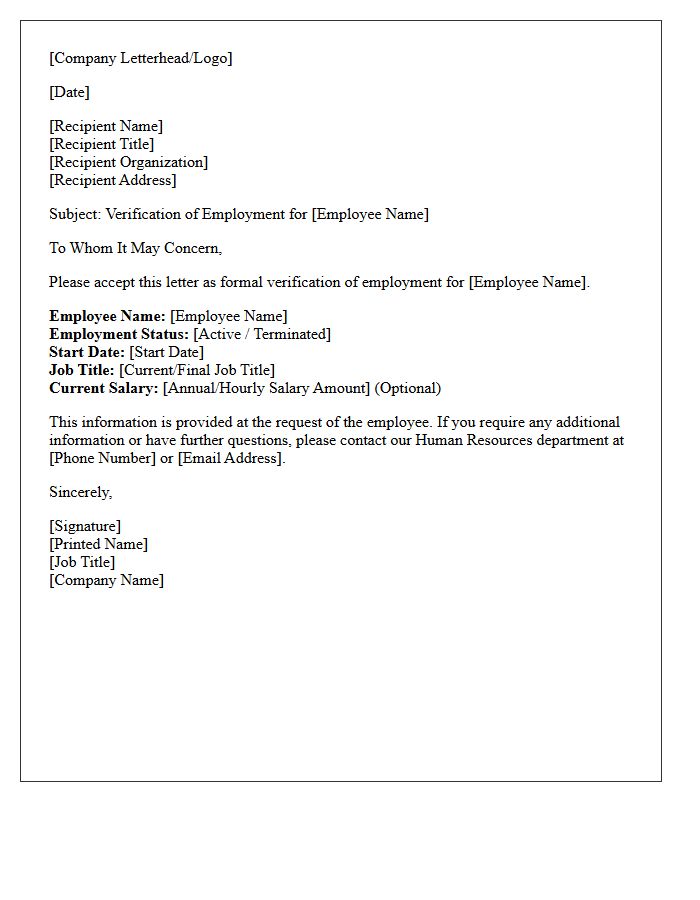 Standard Employment Verification Letter