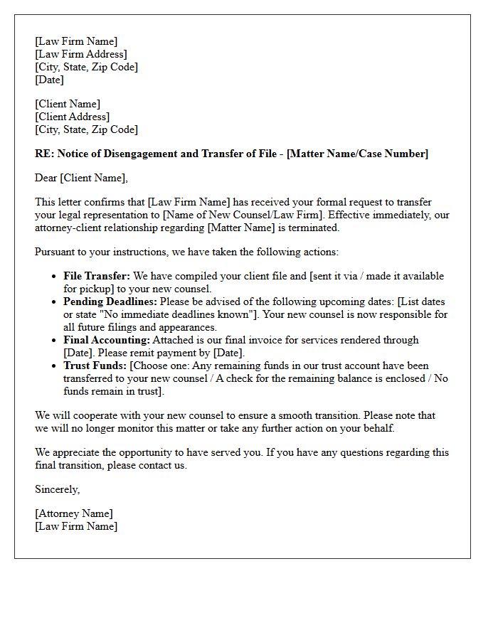 Client Initiated Transfer Of Counsel Disengagement Letter
