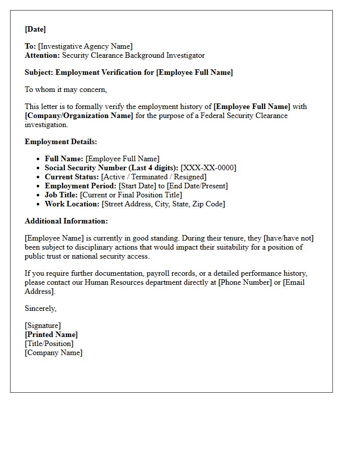 Federal Security Clearance Employment Verification Letter