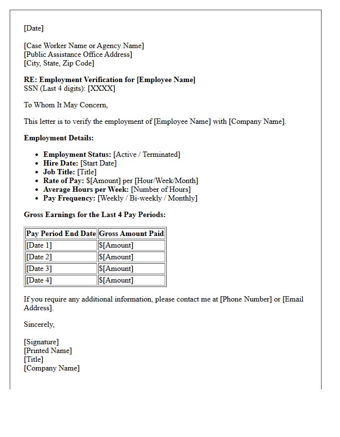 Public Assistance Program Employment Verification Letter
