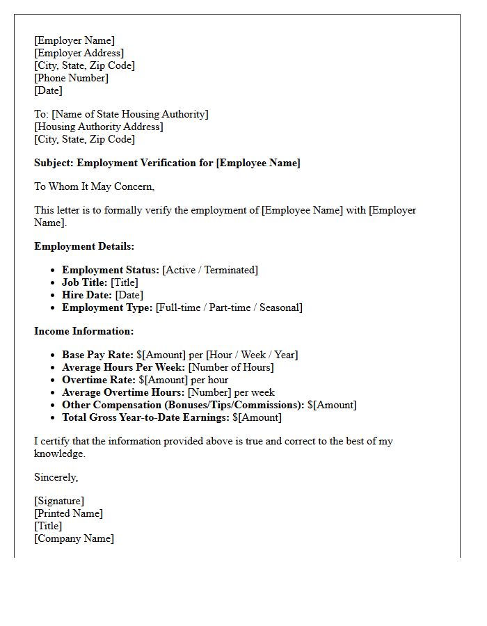State Housing Authority Employment Verification Letter