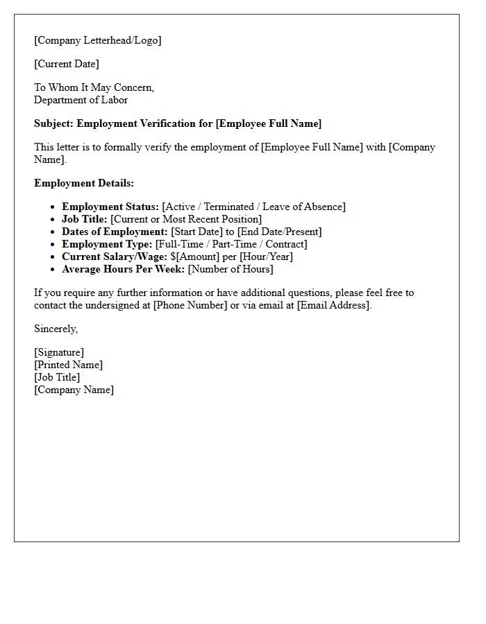Department of Labor Employment Verification Letter