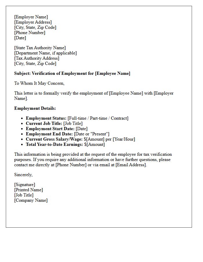 State Tax Authority Employment Verification Letter