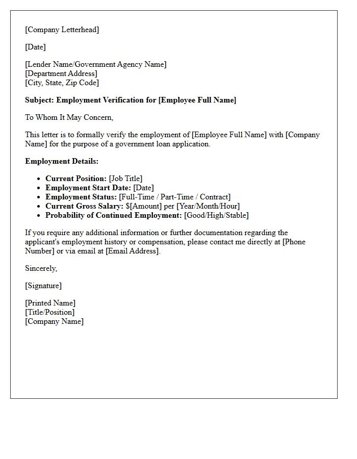 Government Loan Application Employment Verification Letter