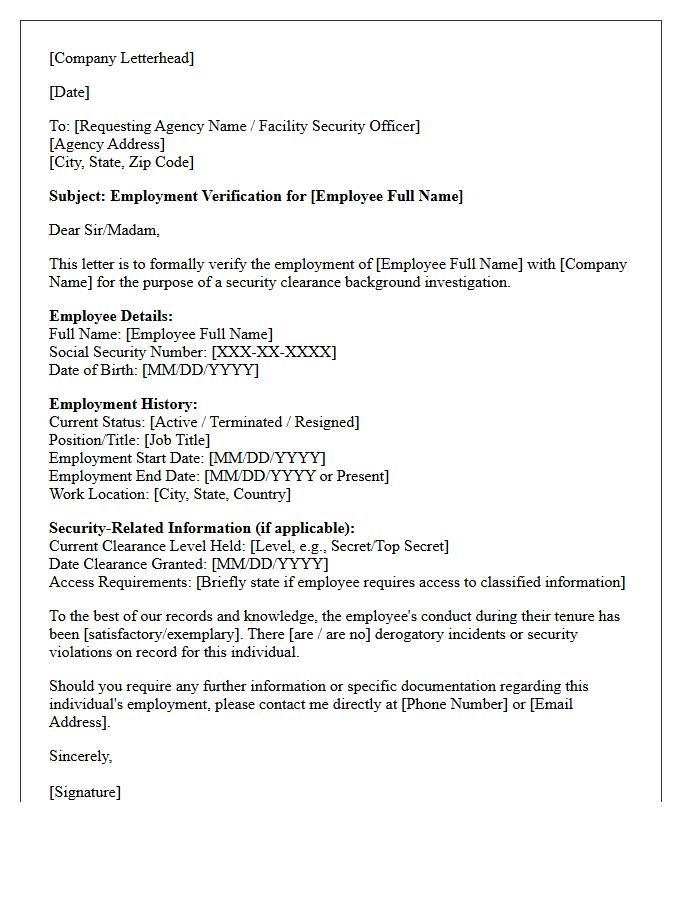Standard Employment Verification Letter for Security Clearance
