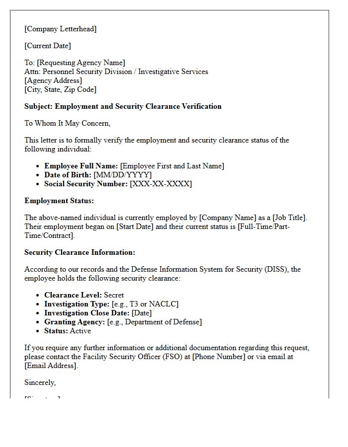 Secret Security Clearance Employment Verification Letter