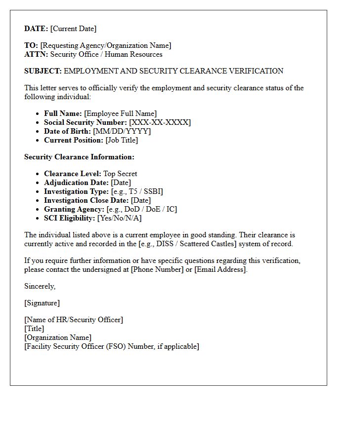 Top Secret Clearance Human Resources Verification Letter
