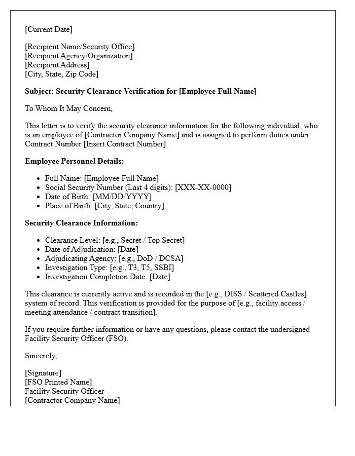 Federal Contractor Security Clearance Verification Letter