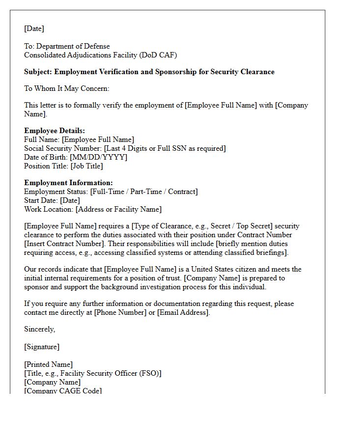 Department of Defense Clearance Employment Letter