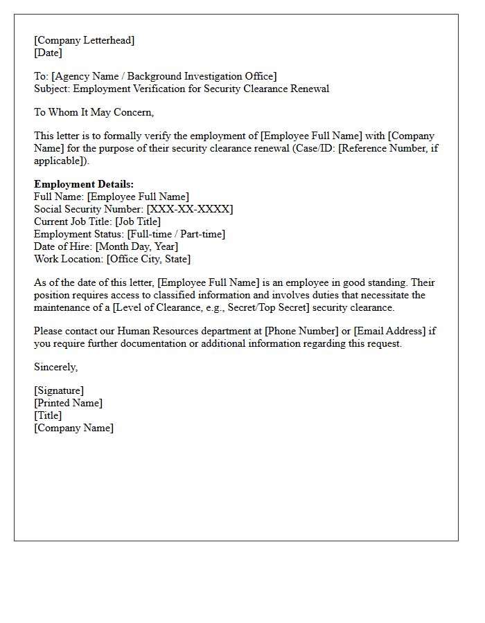 Security Clearance Renewal Employment Verification Letter