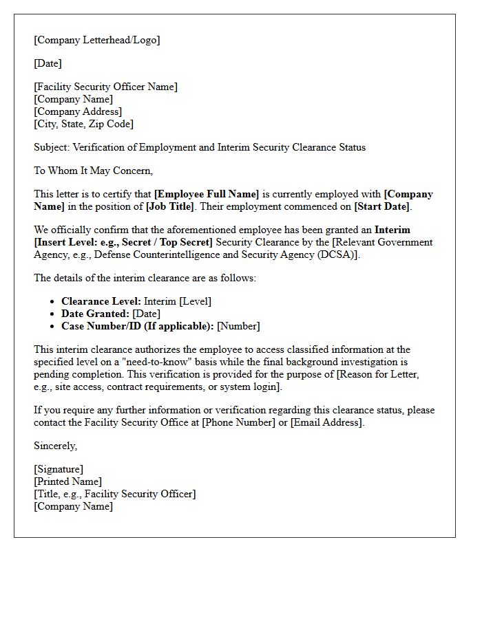 Interim Security Clearance Employment Verification Letter