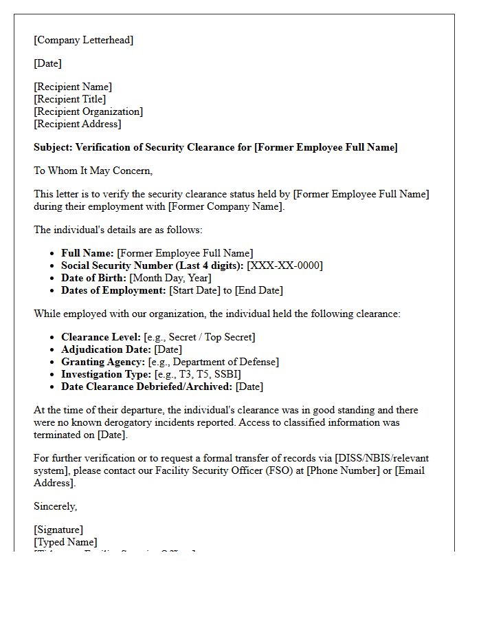 Security Clearance Verification Letter for Former Employee