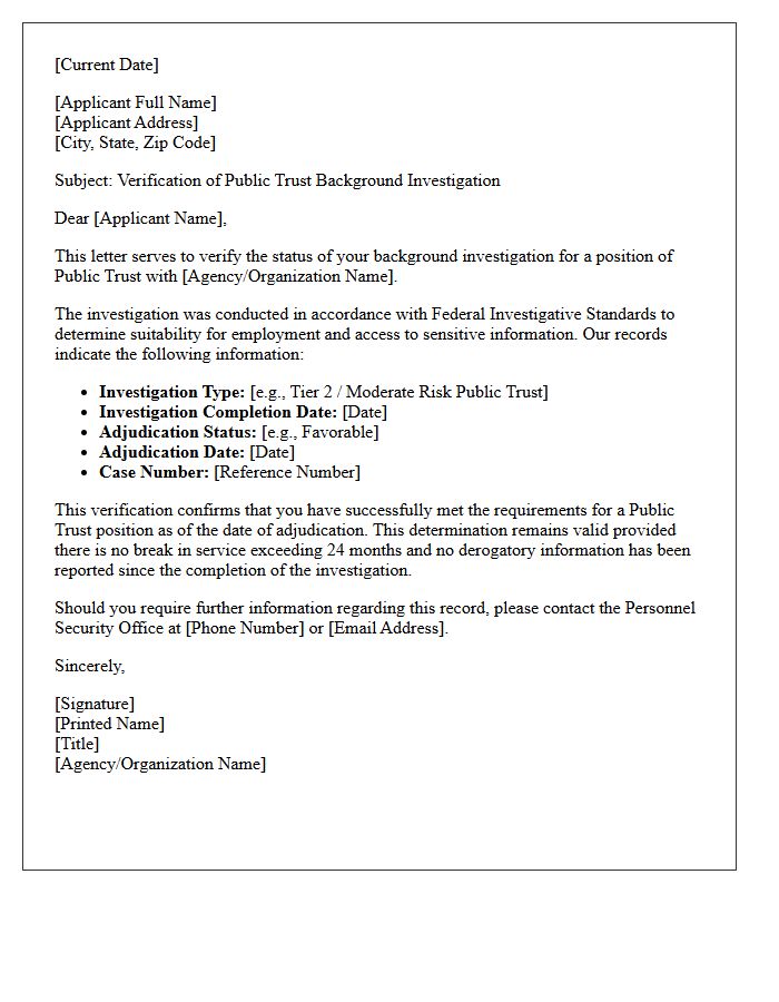 Public Trust Background Investigation Verification Letter