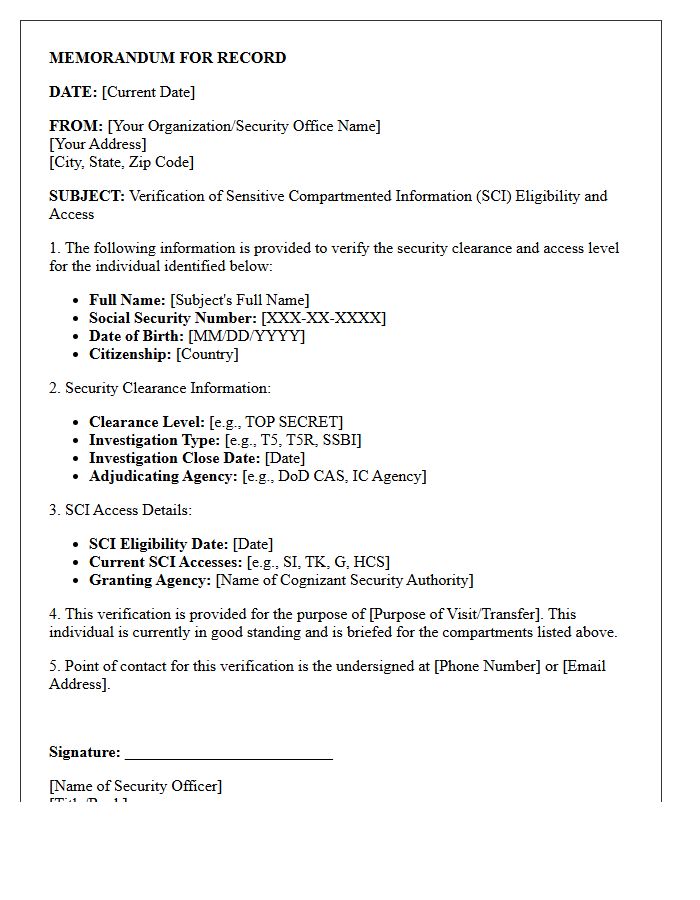 Sensitive Compartmented Information Clearance Verification Letter