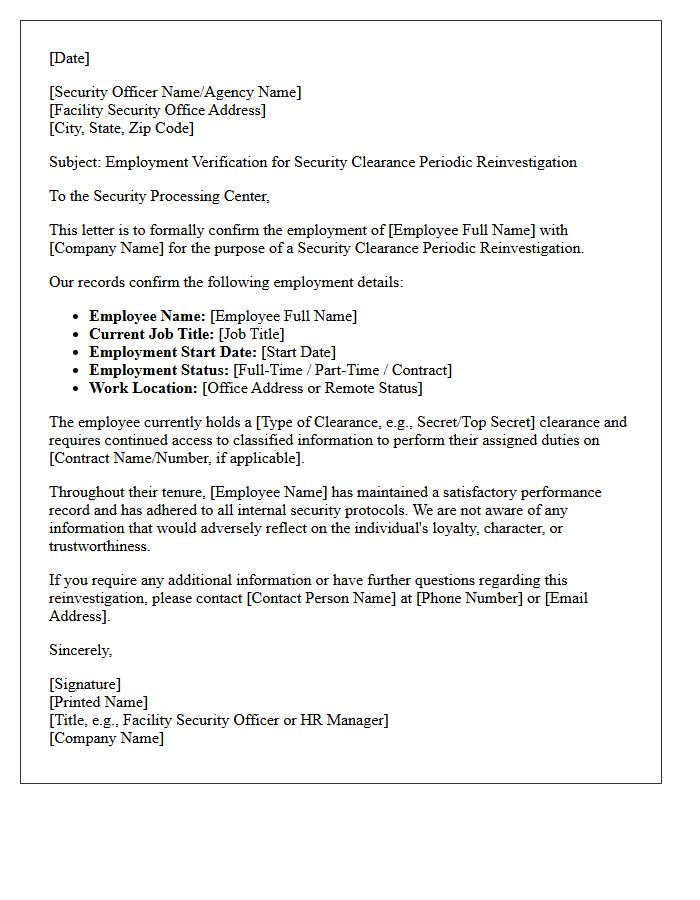 Security Clearance Periodic Reinvestigation Employment Letter