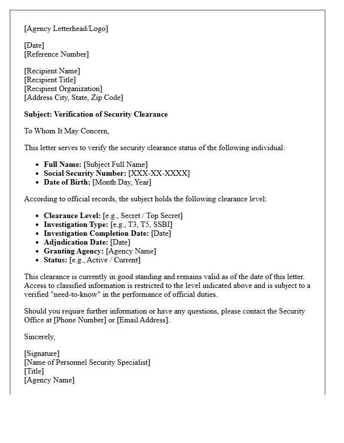 Government Agency Security Clearance Verification Letter