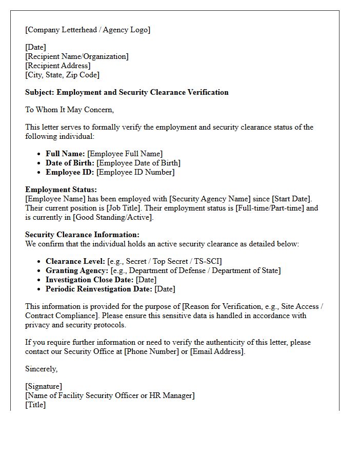 Security Agency Cleared Personnel Employment Verification Letter