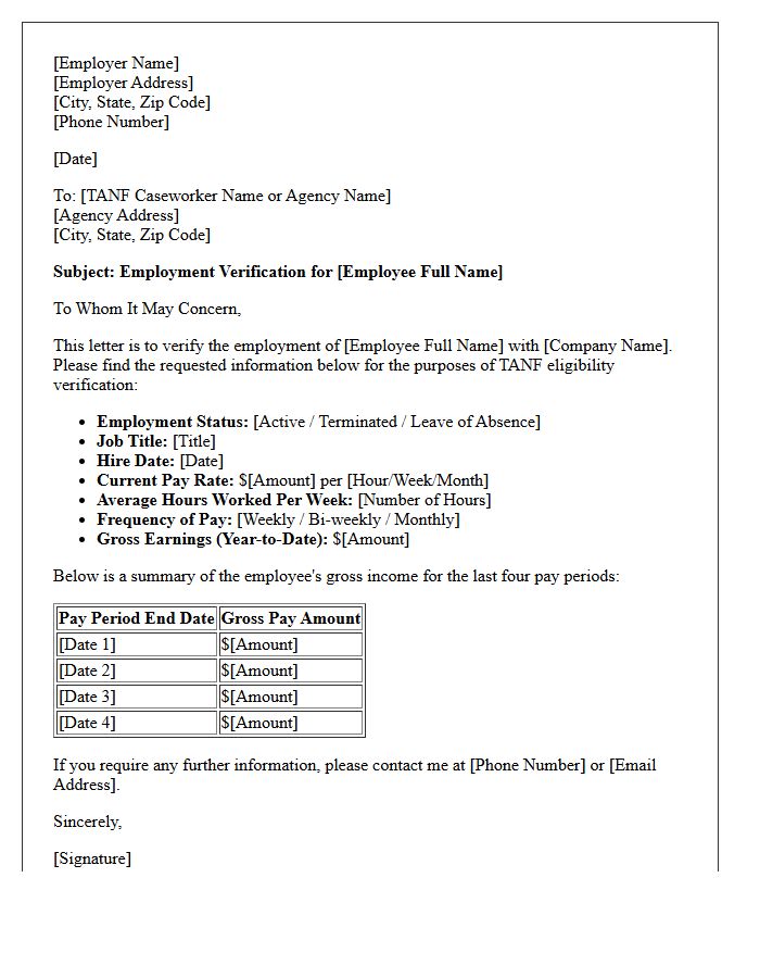 Temporary Assistance For Needy Families Employment Verification Letter