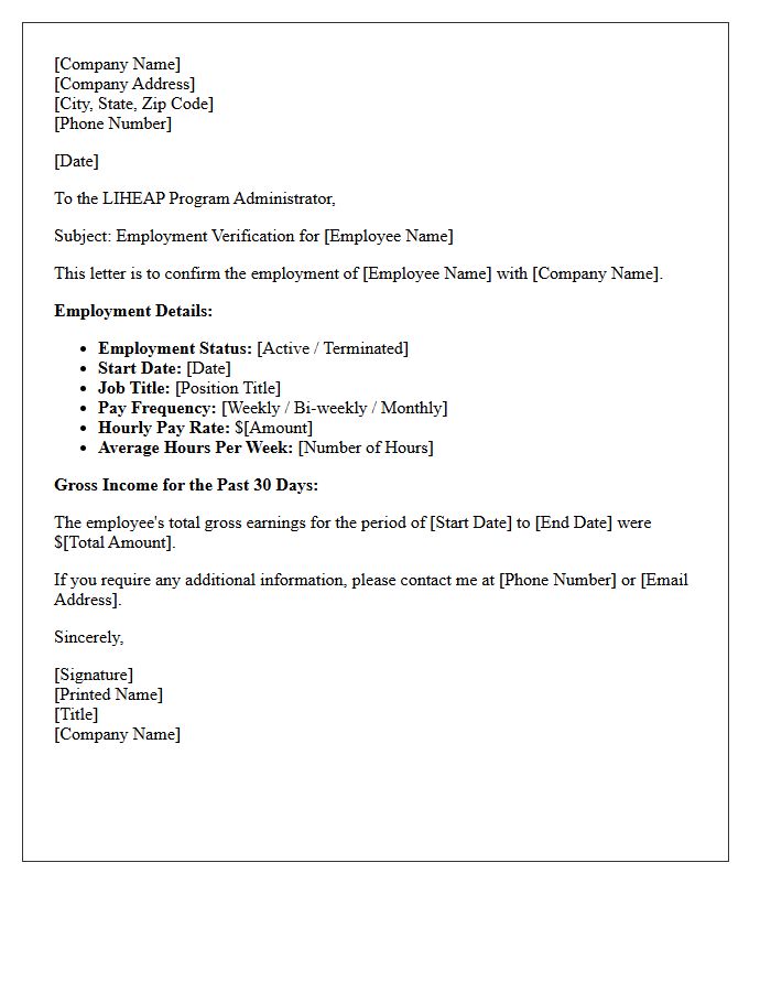 Low Income Home Energy Assistance Program Employment Verification Letter