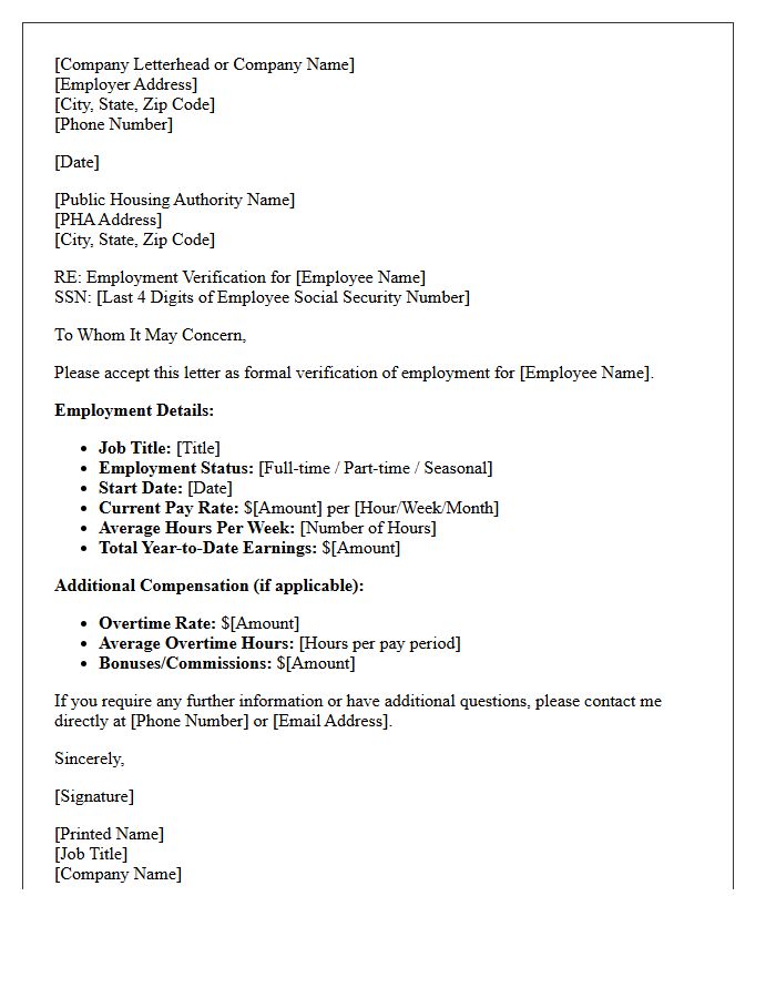 Public Housing Authority Employment Verification Letter