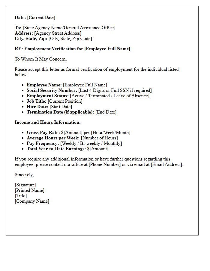 State General Assistance Employment Verification Letter