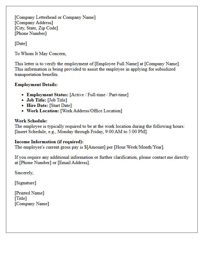Subsidized Transportation Employment Verification Letter