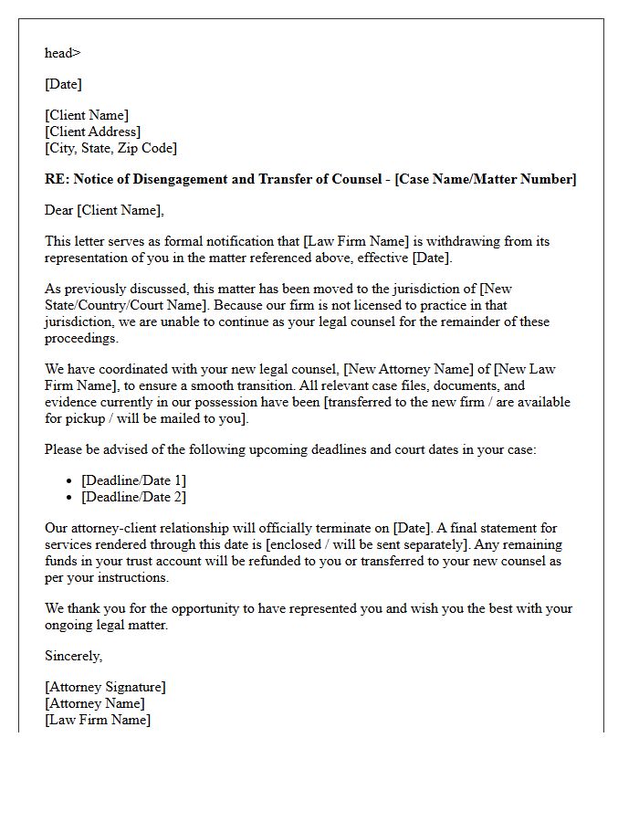 Jurisdictional Change Transfer Of Counsel Disengagement Letter
