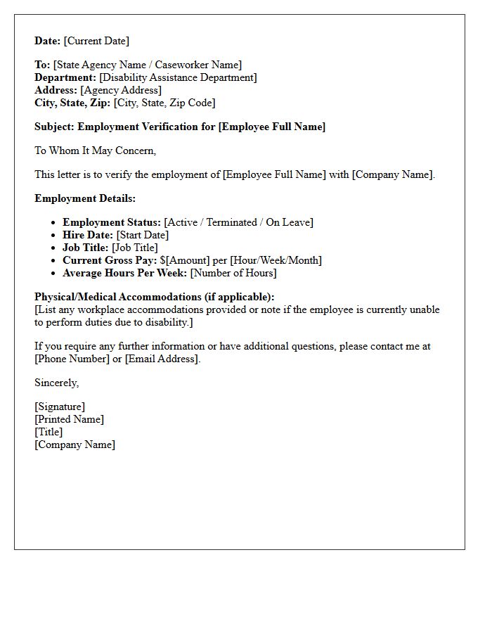 State Disability Assistance Employment Verification Letter