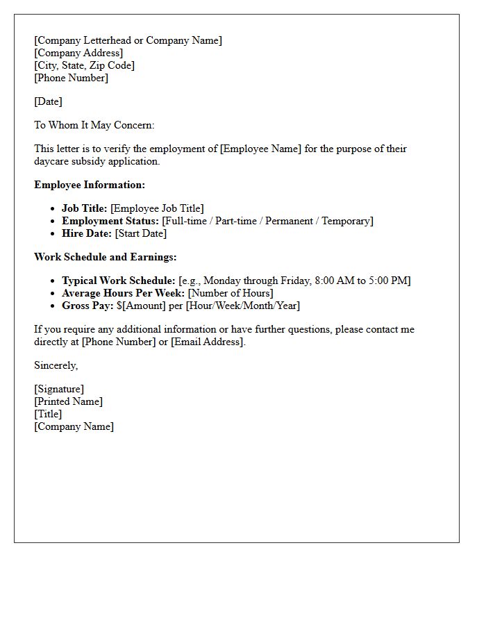 Employment Verification Letter for Daycare Subsidy