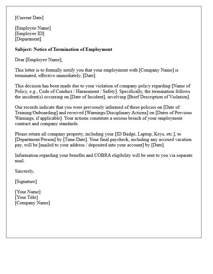 Notice of Termination Letter for Policy Violation