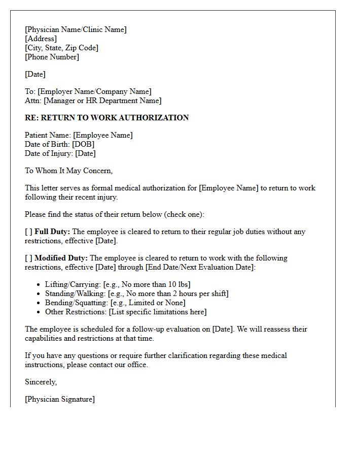 Return to Work Authorization Letter Following Injury