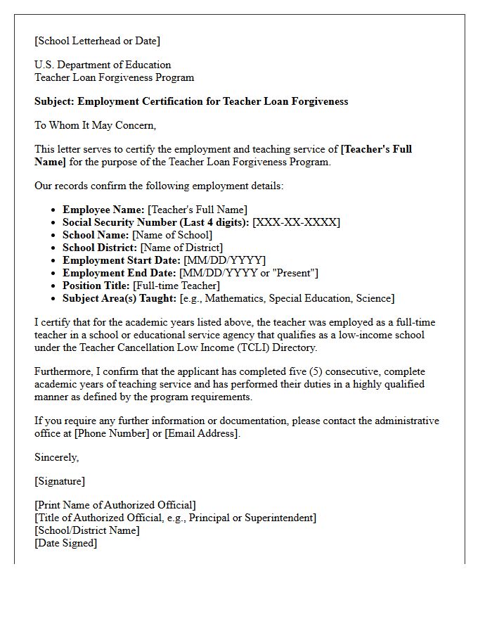 Teacher Student Loan Forgiveness Certification Letter