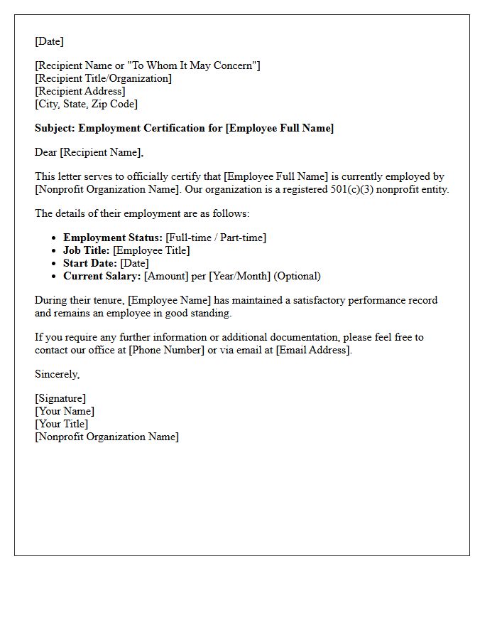 Nonprofit Organization Employment Certification Letter