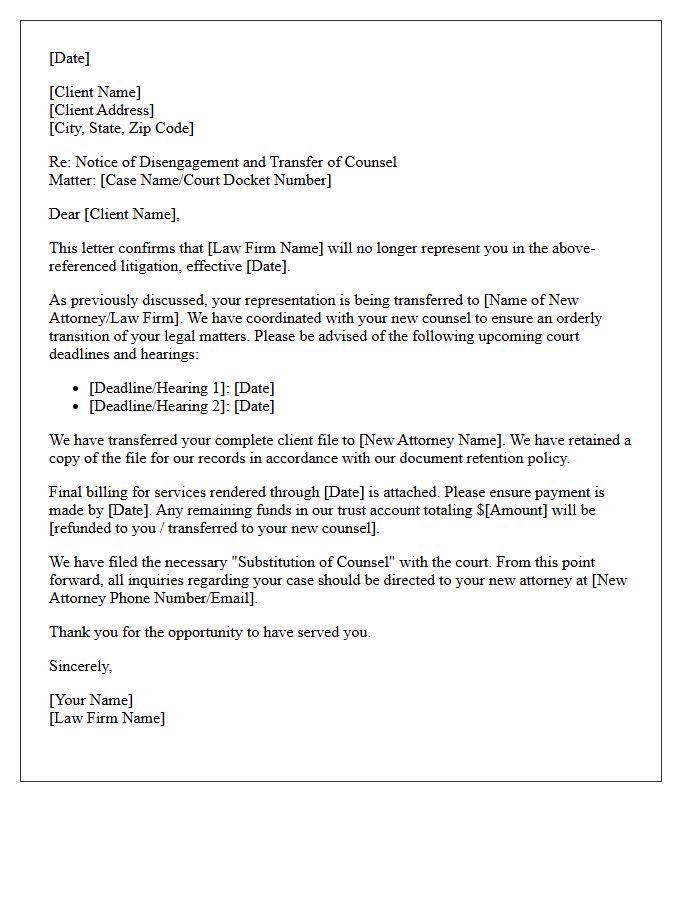 Pending Litigation Transfer Of Counsel Disengagement Letter