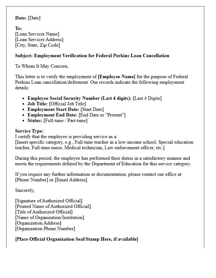 Perkins Loan Cancellation Employment Verification Letter