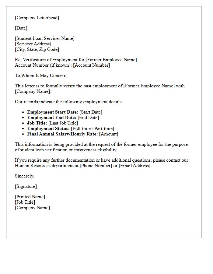 Past Employment Record Student Loan Verification Letter