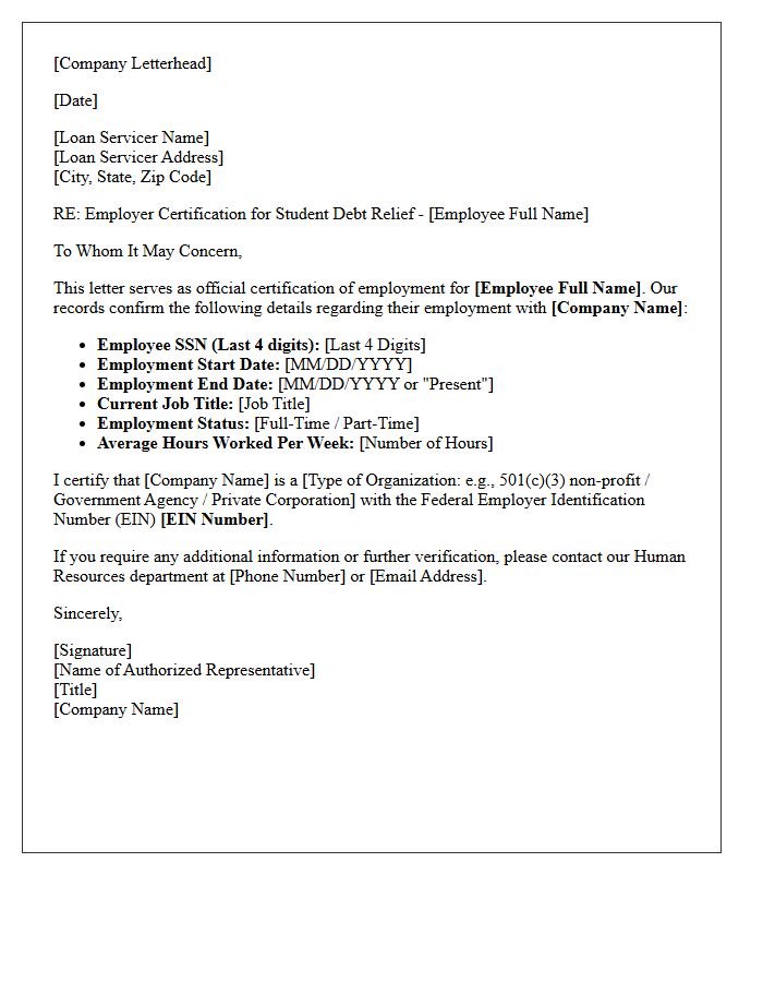 Employer Certification Letter for Student Debt Relief